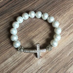 White Faux Pearl Cross Bracelet